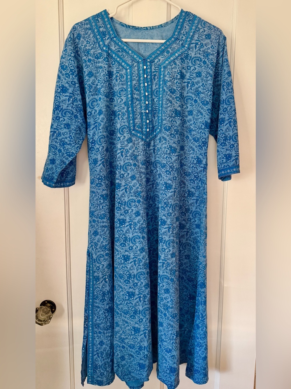 Blue Paisley Floral Print Midi Tunic Dress Women’s Small Indian Kurta Bohemian